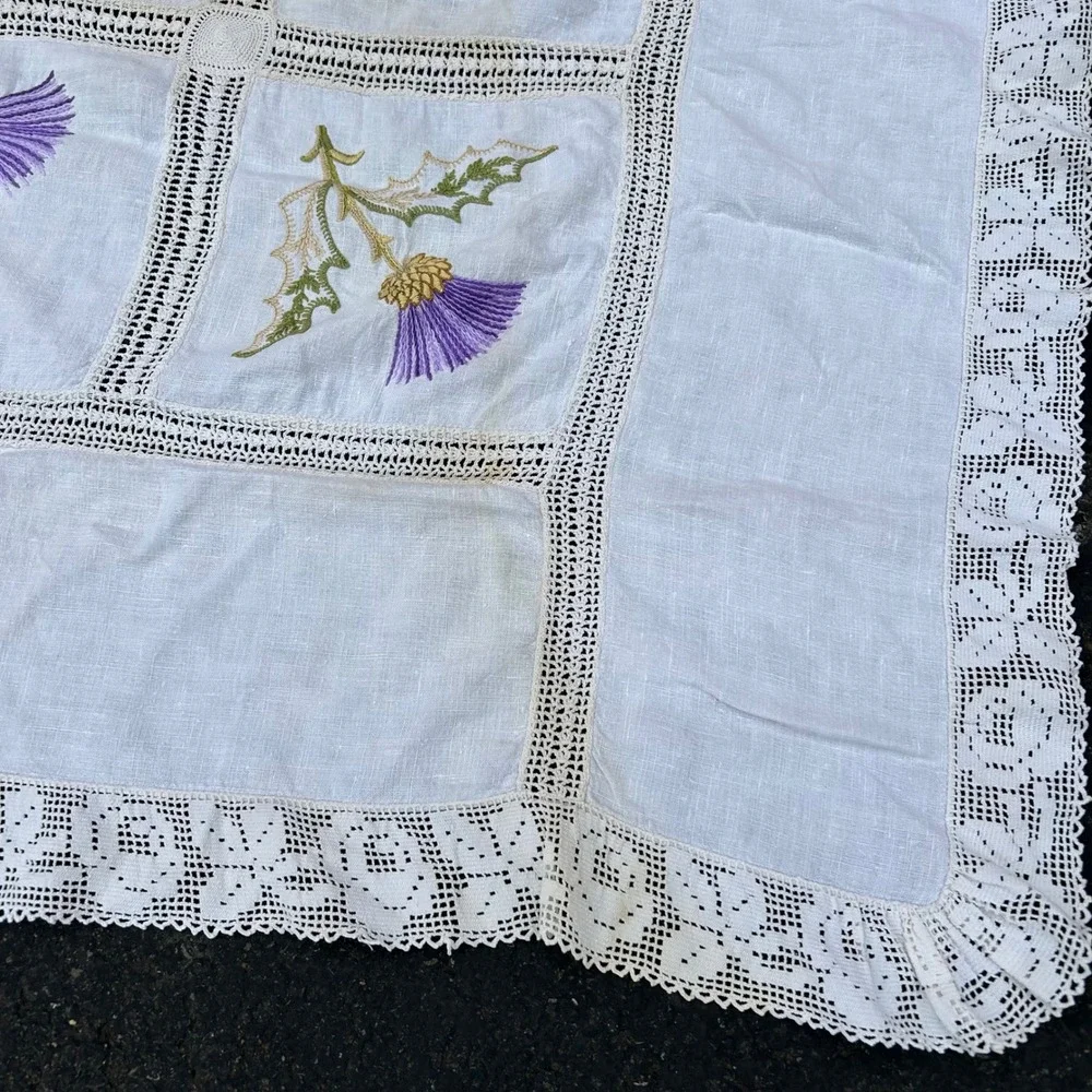 Vintage Hand Embroidered Irish Thistle Floral Table Cloth White Crochet Lace